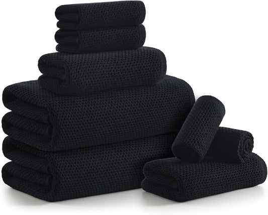 REDKISS Quick Dry Waffle Towel Set of 8, 100% Cotton,Lightweight & Highly Absorbent Waffle Towels for Bathroom, Spa, Gym, Pool-2 Bath Towels, 2 Hand Towels & 4 Washcloths,Black