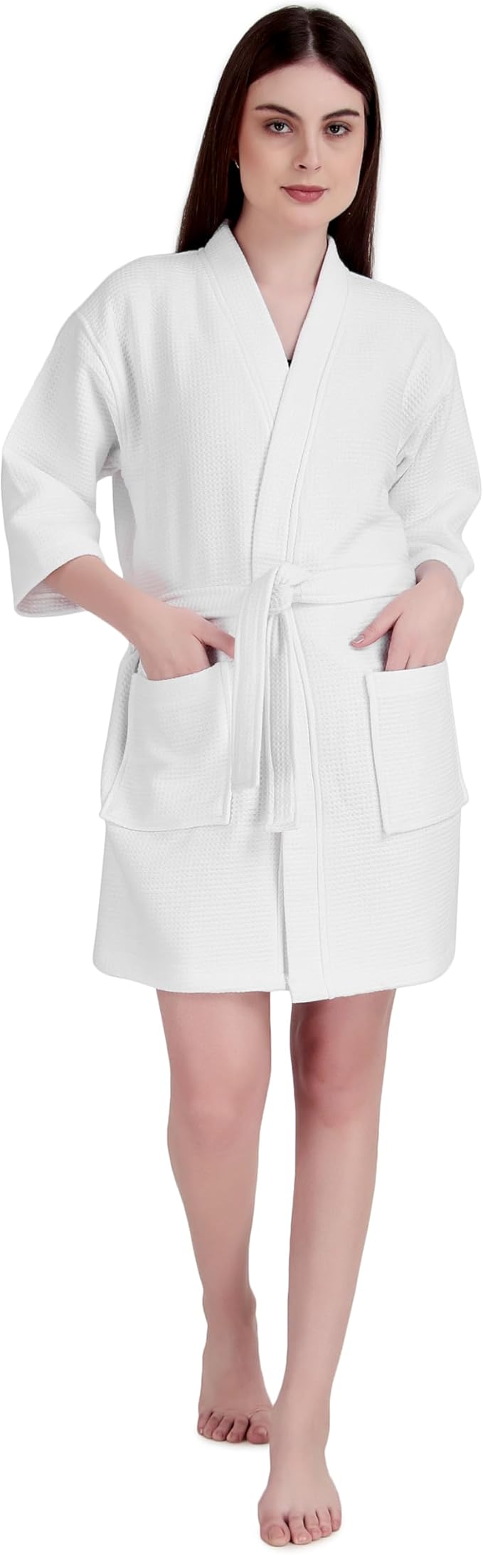 ALLEN & MATE 100% Cotton Women's Short Robe Dual Fabric Waffle Outside & Terry Towel Inside Kimono Bathrobe Medium Weight