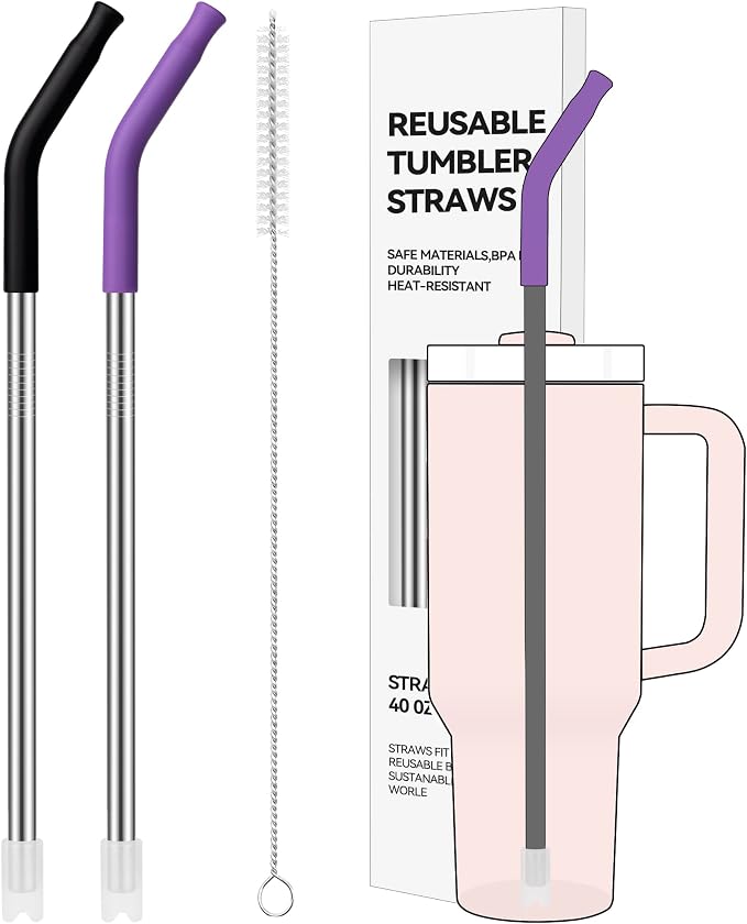 2 PCS 40oz Metal Straws for Stanley 40oz Cup & 64oz Jugs | Extra-Long Stainless Steel Straws with Removable Silicone Tips, Fits Large Tumblers & Oversized Mugs