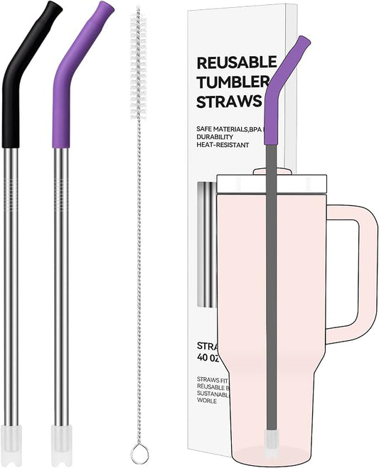 2 PCS 40oz Metal Straws for Stanley 40oz Cup & 64oz Jugs | Extra-Long Stainless Steel Straws with Removable Silicone Tips, Fits Large Tumblers & Oversized Mugs