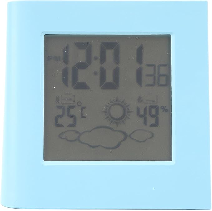 Solar Powered Dual Energy Alarm Clock with Weather Forecast and Temperature Humidity Display for Home Office (Blue)