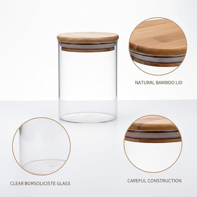 Borosilicate Glass Storage Jars with Bamboo Lids, Clear Kitchen Canisters for Pantry Organization of Dry Goods, Coffee, Tea, and Grains