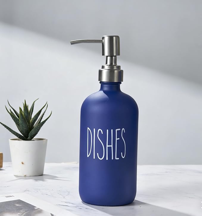 Navy Blue Soap Dispenser Set, Glass Soap Dispenser with Stainless Steel Pump, Farmhouse Hand Soap Dispenser & Dish Soap Dispenser for Bathroom Kitchen Sink(Blue d)