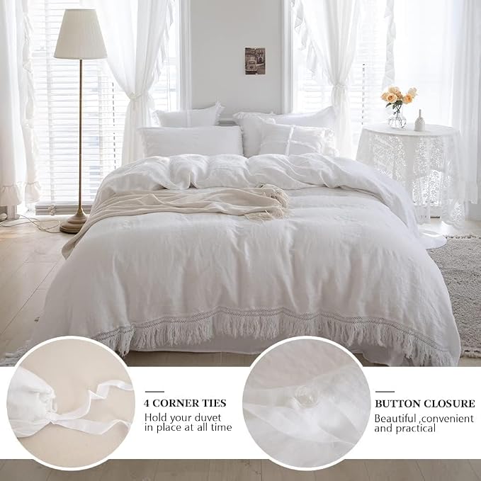 Simple&Opulence 100% Linen Boho Duvet Cover,3pcs Bohemian Textured Collection Bedding Set for All Seasons,French Country Comforter Cover Set with Pillow Shams(Full, Tassel-White)
