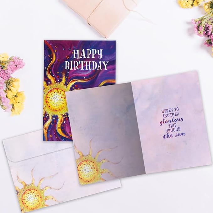 Tree-Free Greetings Another Glorious Trip Birthday Card - 1 Recycled 5x7 Card & Matching Envelopes, Thick Cardstock, Made in USA - Artfully Painted Sun