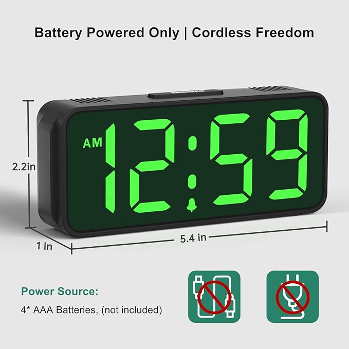 Peakeep Small Mini Battery Powered Digital Alarm Clocks for Bedrooms Bedside, Cordless Tiny Travel Portable Desk Clock, Large Numbers Auto Dimmable, LED Display 4 Dimmers, 5 Alarm Volumes