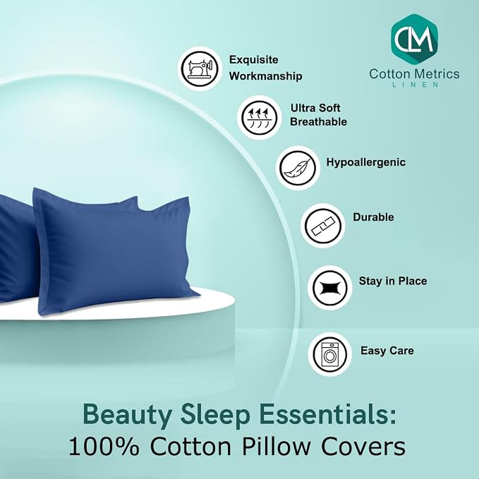 2 Pack Pillow Shams King Size 20x36 – 600 Thread Count 100% Organic Cotton Medium Blue Pillow Covers with 2 Inch Decorative Flange, Soft & Smooth Premium Hotel-Quality Pillowcases Set of 2