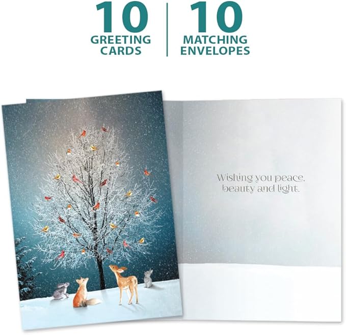 Tree-Free Greetings Bird Tree Holiday Cards - 10 Recycled 5x7 Cards & Matching Envelopes, Thick Cardstock, Made in USA - Magical Woodland Celebration