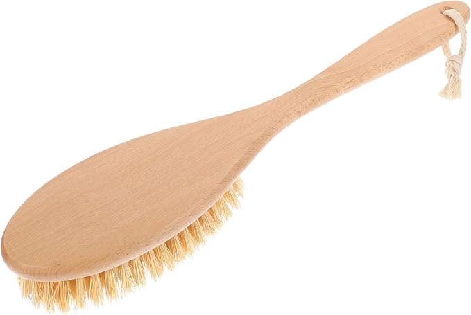 Mobestech Back Exfoliating Brush with Stiff Plant Bristles, Long Handle Bath Body Scrubber for Shower and Dry Brushing, Natural Beech Wood Back Scrubber for Deep Cleansing