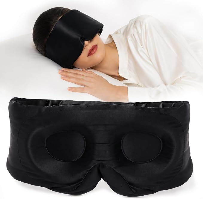 SilkSilky Silk Sleep Mask for Side Sleepers - 22 Momme 100% Mulberry Silk, Wide Face-Hugging 3D Eye Mask for Total Blackout, Zero Pressure & Adjustable Band for Women Men (Black)