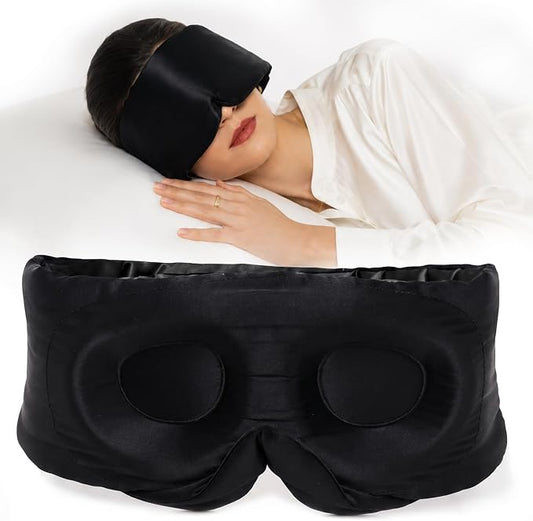 SilkSilky Silk Sleep Mask for Side Sleepers - 22 Momme 100% Mulberry Silk, Wide Face-Hugging 3D Eye Mask for Total Blackout, Zero Pressure & Adjustable Band for Women Men (Black)