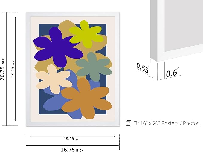 Monem Art Colorful Abstract Floral Shapes Print - Modern Minimalist Flower Art Poster - Wall Decor for Living Room, Bedroom or Office - 16x20 White Framed Wall Art by Rs Lab Studio