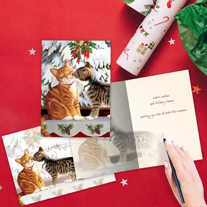 Tree-Free Greetings Kitten Kiss Holiday Cards - 10 Recycled 5x7 Cards & Matching Envelopes, Thick Cardstock, Sustainably Made in USA - Sweet Loving Joy