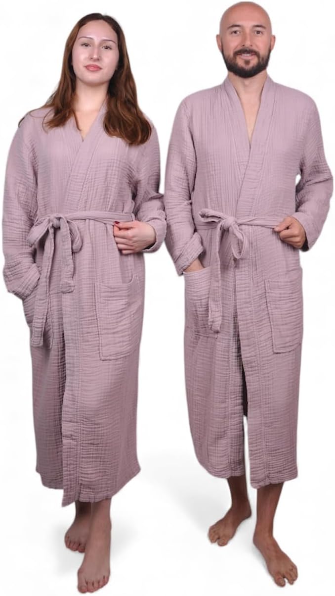 Muslin Bathrobe - Cotton Gauze Robe for Women and Men - Lightweight Breathable Summer Kimono - Boho Spa/Maternity Robe