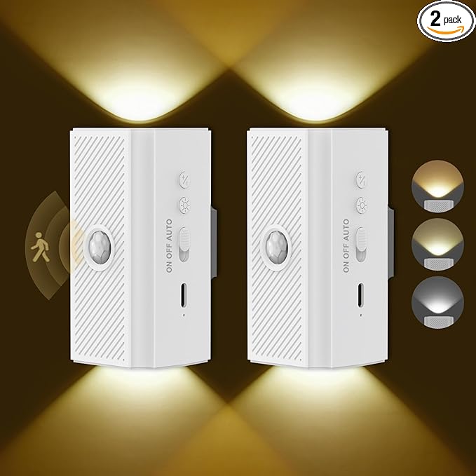 easuntec Rechargeable Motion Sensor Night Light Warm White, Wireless Dimmable, Magnetic Stick-on for Bedroom Stairs, Kids Elderly Baby, Long Lasting Battery for Cabinet, 2 Pack (Warm White, 2 Pack)