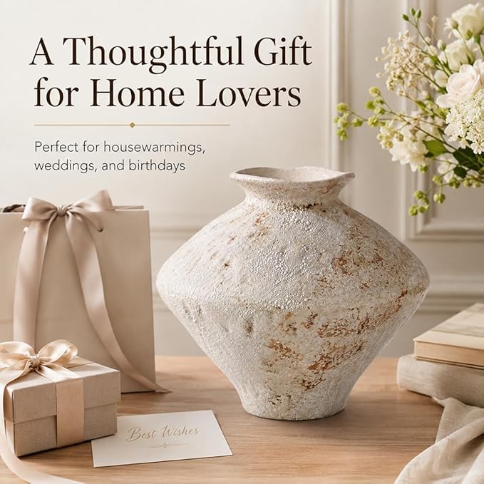 Large Wabi Sabi White Vintage Ceramic Vase, 11" Rustic Pottery Vase for Centerpieces, Textured Decorative Flower Vases for Table, Living Room, Bedroom, Bathroom, Kitchen, Farmhouse Home Decor Gifts