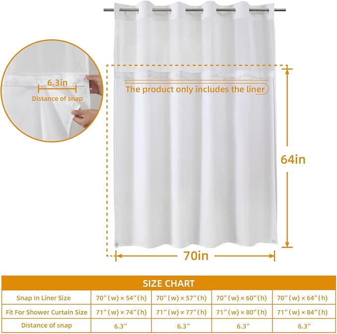 eachope 2 Pack Fabric Snap-in Shower Curtain Liner Replacement,Compatible with No Hook Shower Curtain with Snap in Liner, Removable & Water-Repellent,Machine Washable,70x64,White