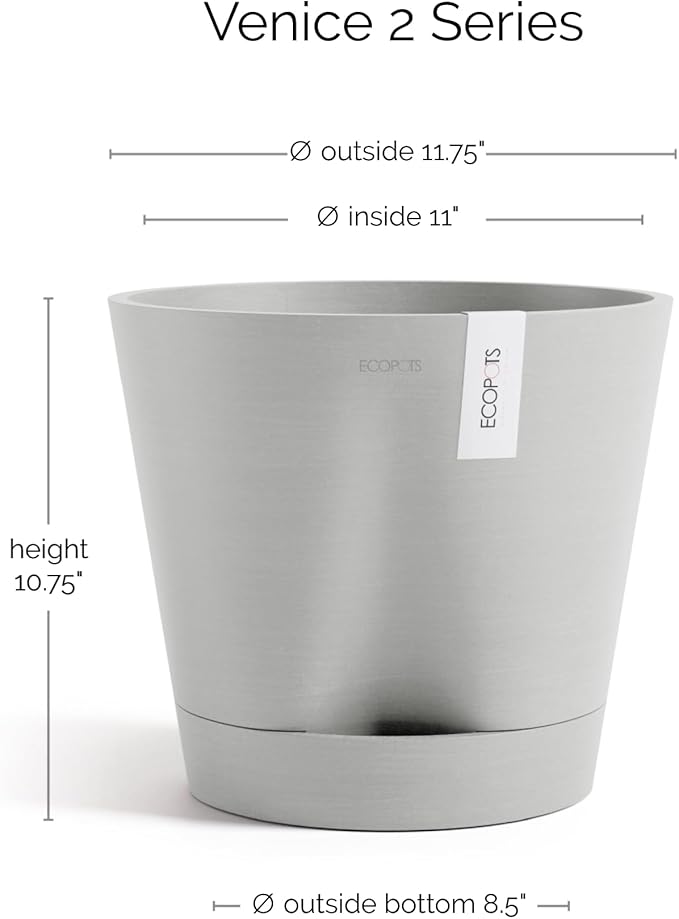 Ecopots Venice 2 Durable Modern Round Indoor/Outdoor Recycled-Based Composite Flower Pot Planter w/Water Reservoir, White Grey, 12"
