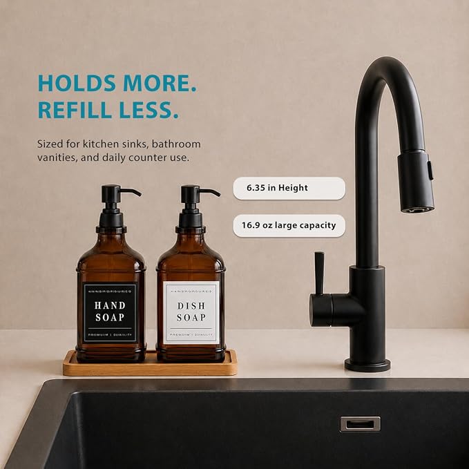 Glass Countertop Soap Dispenser Set: Modunful M1 DM2670 Amber 2 Pack 16.9oz | Anti-leak Stainless Steel Pump, Bamboo Tray, Silicone Funnel,60 Waterproof Residue Free Labels, Bathroom Decor