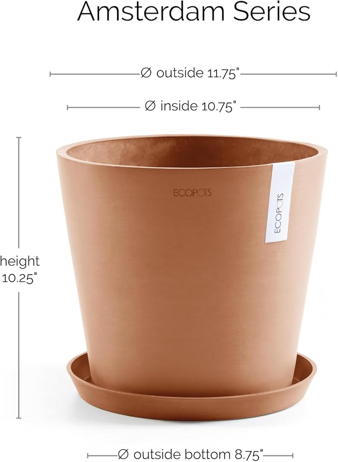 Ecopots Amsterdam Durable Modern Round Indoor/Outdoor Recycled-Based Composite Flower Pot Planter w/Water Reservoir, Terracotta Color, 12"