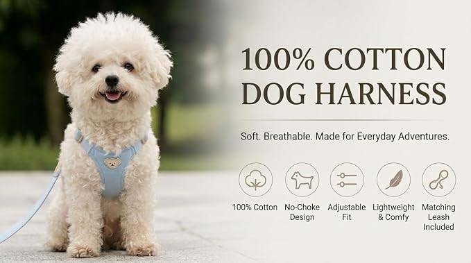 AetruffyPet 100% Cotton Dog Harness and Leash Set – Soft Breathable Vest for Small Dogs, Adjustable No-Choke Design, Lightweight Walking Set (XS/S/M) (Blue, S)