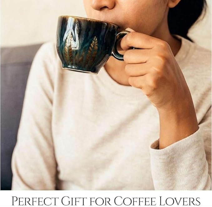Ceramic Espresso Cup 5 oz, Stoneware Demitasse Coffee Mug with Handle, Artisan Reactive Glaze Texture, Small Latte Cappuccino Tea Cup, Microwave & Dishwasher Safe, Teal Brown, Pack of 6
