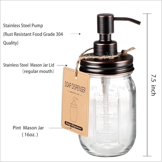 Amolliar Mason Jar Liquid Soap Dispenser, 16 OZ Lotion Glass Dispenser, Cute Farmhouse Decor for Kitchen, Bathroom, Refillable Dispenser for Hand Soap, Dish Soap, Lotion Soap, Oil Rubbed Bronze 1 Pack