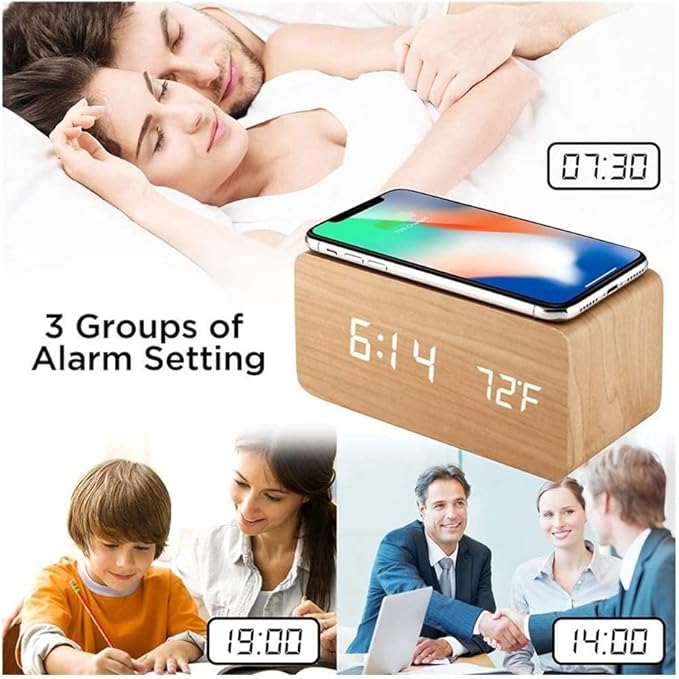 Digital Alarm Clock LED Wood Clocks,Temperature Display/Voice-Activated/Date/12/24 Hours,3 Alarms for Bedroom Office,Bamboo(Black)