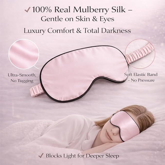 100% Mulberry Silk Sleep Mask for Women/Men Airplane Travel, Pure 22 Momme Silk Eye Mask Blackout for Sleeping, Ajustable, Luxury, Anti Wrinkle, Anti Aging Silk Blindfold, Made in USA (Pink)