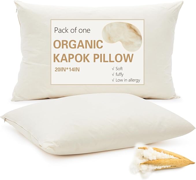 Leinuosen 1 Pack Organic Kapok Pillow 14" x 20" Natural Kapok Fiber Filled Sleeping Pillows with Breathable Cotton, Adjustable Height Soft and Supportive for Sleeping(Natural)