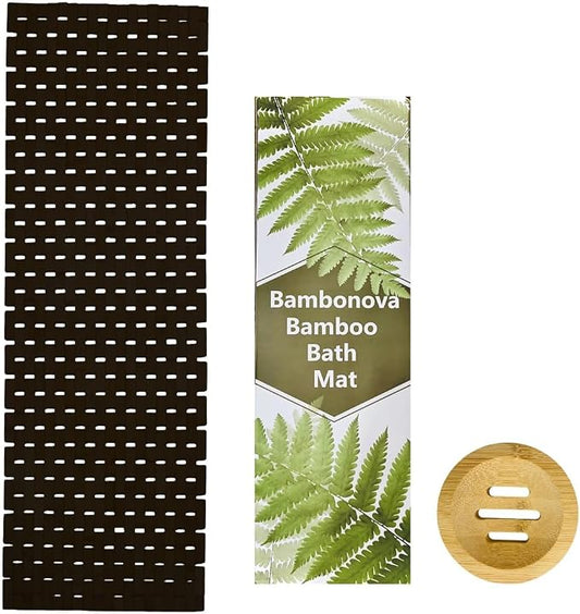 Bamboo Black Bath Mat 48 x 16 Inches and Wooden Soap Dish Set Bathroom Rugs Bathtub Mat Non Slip Bath Mats for Bathroom, Kitchen Sauna Spa Hot Tub Outdoor Decor