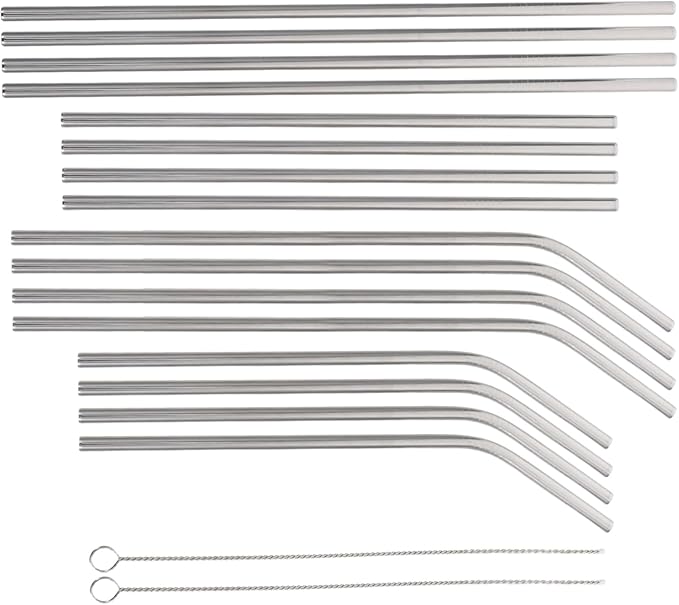ULTECHNOVO Reusable Stainless Steel Beverage Straws with Cleaning Brushes, 18pcs Set, Sturdy Metal Drinking Straws for Tumblers, Water Bottles, and Travel Use
