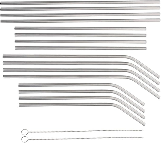 ULTECHNOVO Reusable Stainless Steel Beverage Straws with Cleaning Brushes, 18pcs Set, Sturdy Metal Drinking Straws for Tumblers, Water Bottles, and Travel Use