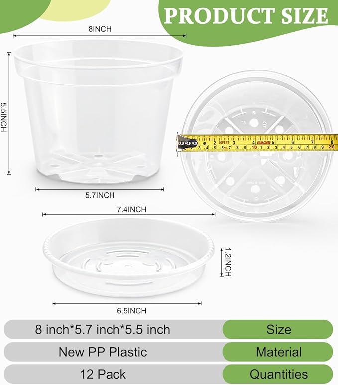 RooTrimmer 12 Pack 8 Inch Clear Plant Pots with Saucers, Transparent Plastic Nursery Pots with Drainage Hole, Sturdy Garden Planter Pots, Planting Starter Pots for Indoor Outdoor