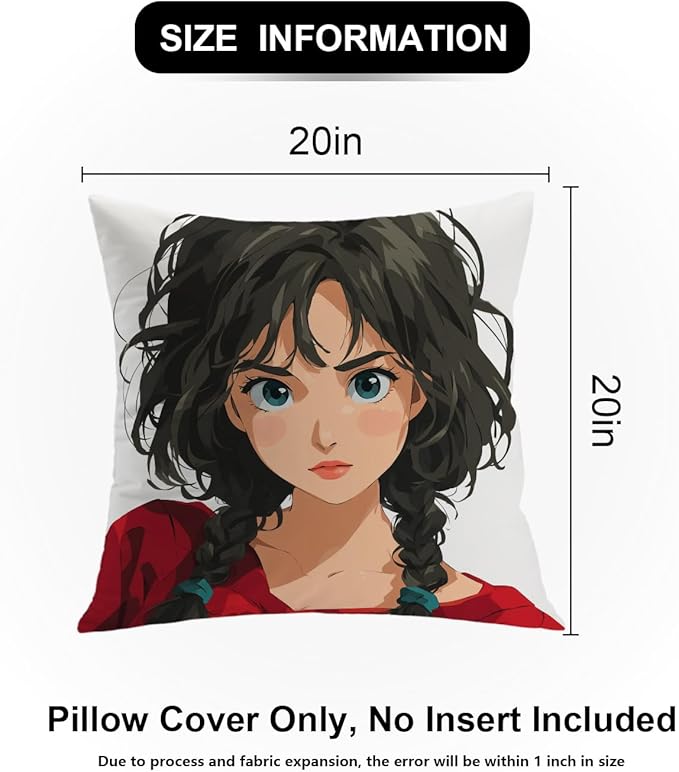 Shrahala Animated Youthful Decorative Throw Pillow Cover, Braided Hair Vivid Eyes Square Pillowcase Blended Double-Sided No Inserts for Bedroom Living Room Set of 2 (20 x 20 in)