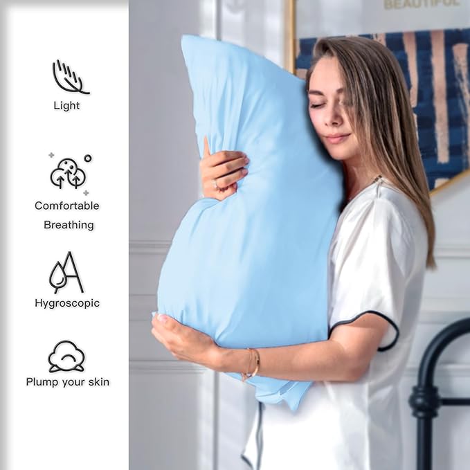Mulberry Silk Pillowcase for Hair and Skin Pillow Case with Hidden Zipper Soft Breathable Smooth Cooling Silk Pillow Covers for Sleeping (Sky Blue, King,1Pcs)