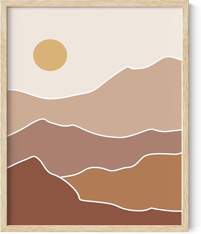 Abstract Mountain Landscape Wall Art Sun Rolling Hills Earth Tones Terracotta Mid Century Modern 16x20 Inch Oak Wood Beige Framed Minimalist Scenery Print for Nursery Decor