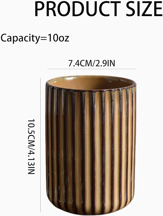 Vinitage Ceramic Mug, Japanese Tea Cup 10oz Striped Cup No Handle Drinking Cup for Latte Milk Water Beverage Juice Microwave and Dishwasher Safe, Kiln Transformation Cup (Brown)