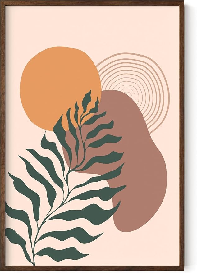 Boho Monstera Leaf Wall Art Abstract Sun Earth Tones Terracotta Mid Century Modern 24x36 Inch Oak Wood Walnut Framed Minimalist Botanical Print for Living Room Office