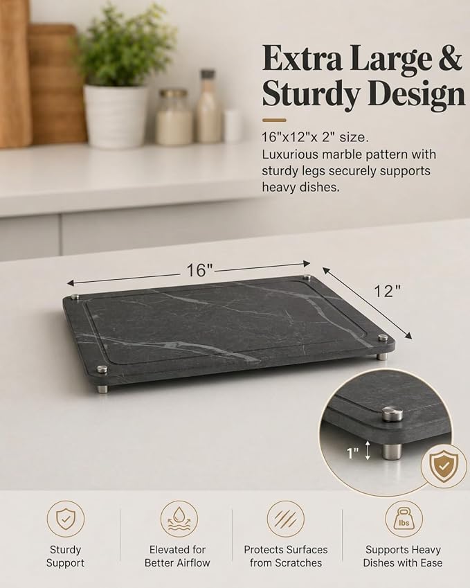 Large Stone Drying Mat for Kitchen Counter - 16”*12” Marble Veining Quick Drying Fast Absorbent Drying Mat, Natural Diatomaceous Earth Dish Drying Mat