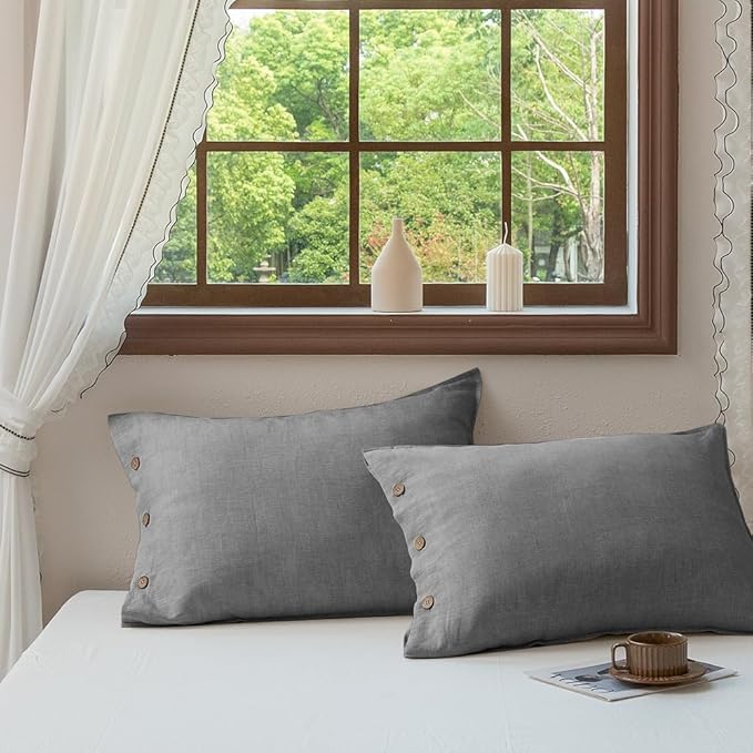 EVERLY 100% Linen Pillowcases Set of 2, French Linen from Normandy, 20X30Inch Standard Size, Natural Color, Coconut Buttons Closure, Flax Pillowshams-Pillowcase-Gray