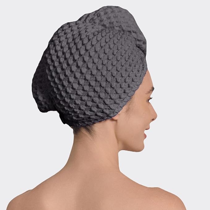 Luxury Organic Japanese Cotton Hair Drying Waffle Towel Wrap for Women | Absorbent, Quick-Dry Head Turban for Shower, Sauna, Spa | Extra Large for Long, Curly, Straight Hair With Button (Grey, 2 Pc)