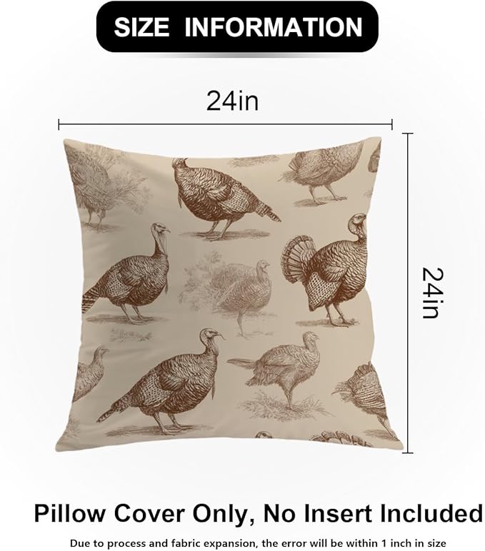 Shrahala Wild Turkeys Decorative Throw Pillow Cover, Vintage Turkey Illustration Square Pillowcase Blended Double-Sided No Inserts for Bedroom Living Room Set of 2 (24 x 24 in)