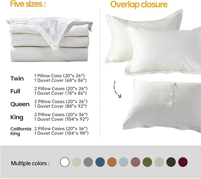 Simple&Opulence French Linen Duvet Cover Set 88" x 92"- 3 Pieces (1 Comforter Cover,2 Pillowcases)- Natural Flax Cotton Blend-Solid Color Breathable Farmhouse Bedding-Off White, Queen