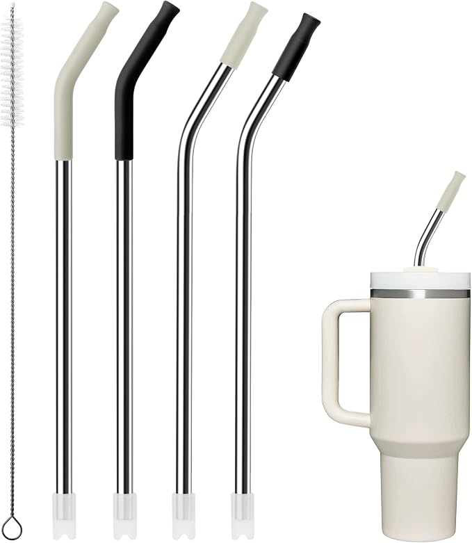 4Pack Reusable Stainless Steel Metal Straws for 40 oz Tumblers | Long Drinking Straws with Colourful Silicone Tips, Cleaning Brushes Included