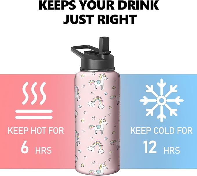 18oz Pink Unicorn Water Bottle with Handle and Flip Straw, Animal Sports Stainless Steel Insulated Cup Travel Coffee Mug Tumbler, Birthday Mothers Day Chritmas Gifts for Women