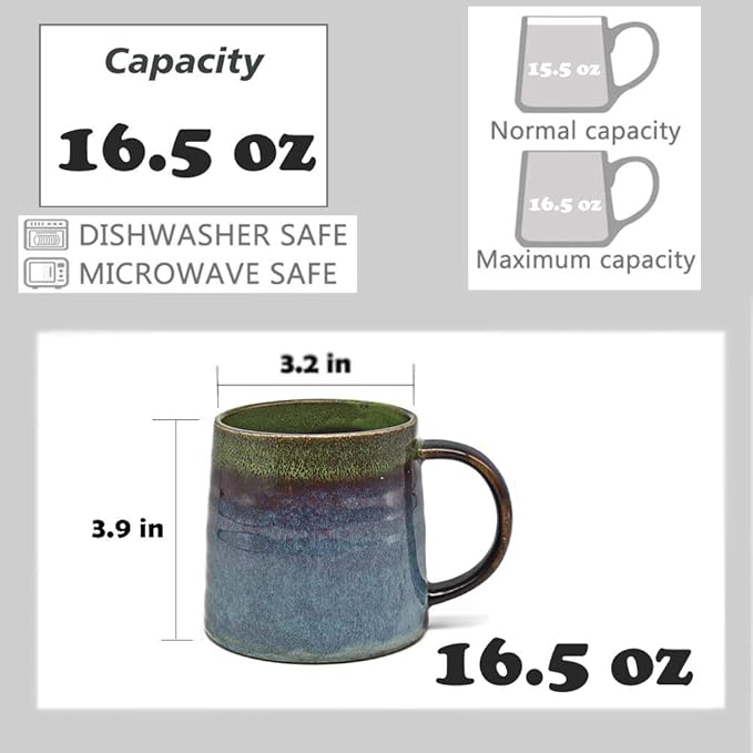 Large Ceramic Coffee Mug, Pottery Mug,Tea Cup for Office and Home,Handmade Pottery Coffee Mugs,16.5 Oz,Dishwasher and Microwave Safe,kiln altered glaze craft (Green)