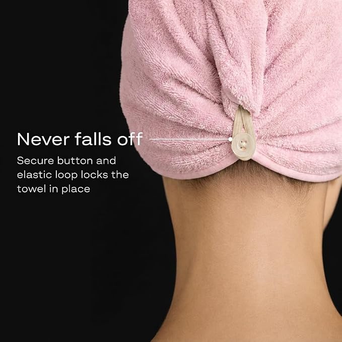 Microfiber Hair Towel Wrap for Women – Ultra Absorbent Quick Dry Turban | Button & Loop Design | Soft Lightweight Fabric | Reduces Frizz & Breakage | All Hair Types | Pink & Beige
