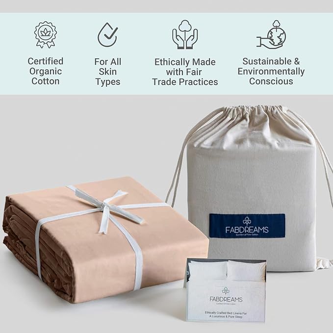 Fabdreams 100% Organic Cotton Full Size Sheet Set | 400 Thread Count Sheet Set | GOTS Certified | Long Staple Cotton | Upto 17" Elasticised Deep Pockets | Soft Silky Shiny | Taupe