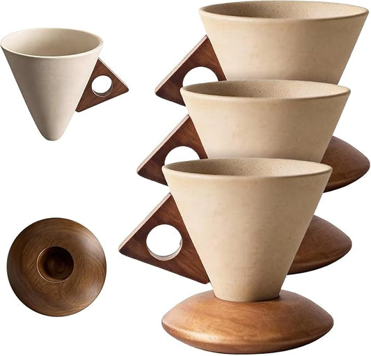 Conical Coffee Cup Vintage Ceramic Mug With Solid Wood Handle & Coaster - Reusable Heat-Resistant Cups Set for Home Office Coffee Tea